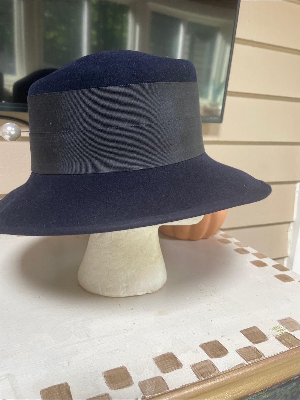 Eric Javits Navy Velour Felt Cloche Hat with Grosgrain Band and Stickpin